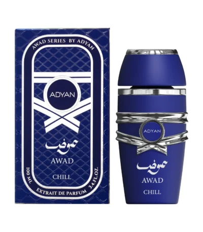 Adyan Awad Chill 100ml extrait de parfum perfume bottle. The bottle is clear with a silver cap and a branded label.