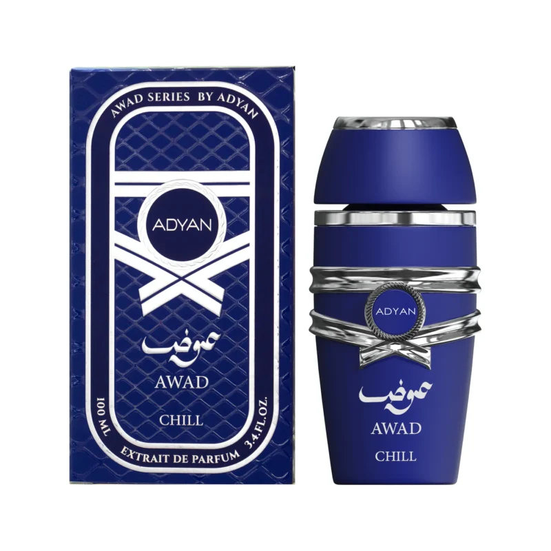 Adyan Awad Chill 100ml extrait de parfum perfume bottle. The bottle is clear with a silver cap and a branded label.