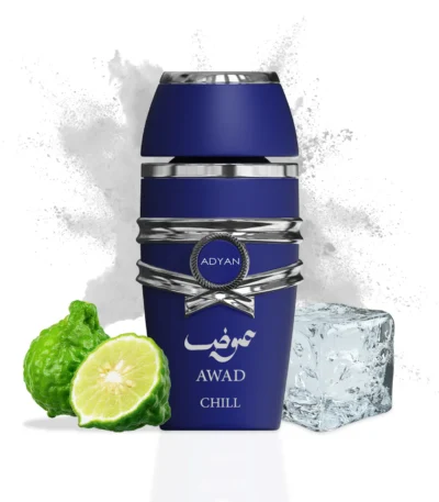 Adyan Awad Chill 100ml extrait de parfum perfume bottle. The bottle is clear with a silver cap and a branded label.