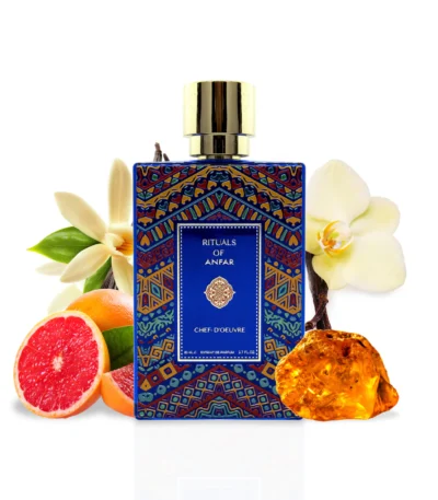 An exquisite bottle of Rituals of Anfar Chef-D'Oeuvre 80ml Extrait de Parfum on a dark, luxurious background, showcasing the brand's elegant packaging.