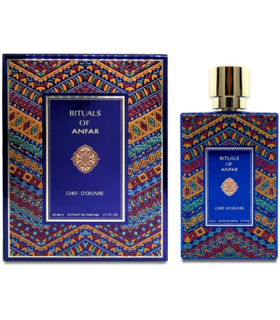 An exquisite bottle of Rituals of Anfar Chef-D'Oeuvre 80ml Extrait de Parfum on a dark, luxurious background, showcasing the brand's elegant packaging.