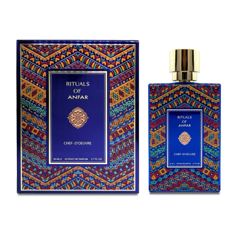 An exquisite bottle of Rituals of Anfar Chef-D'Oeuvre 80ml Extrait de Parfum on a dark, luxurious background, showcasing the brand's elegant packaging.