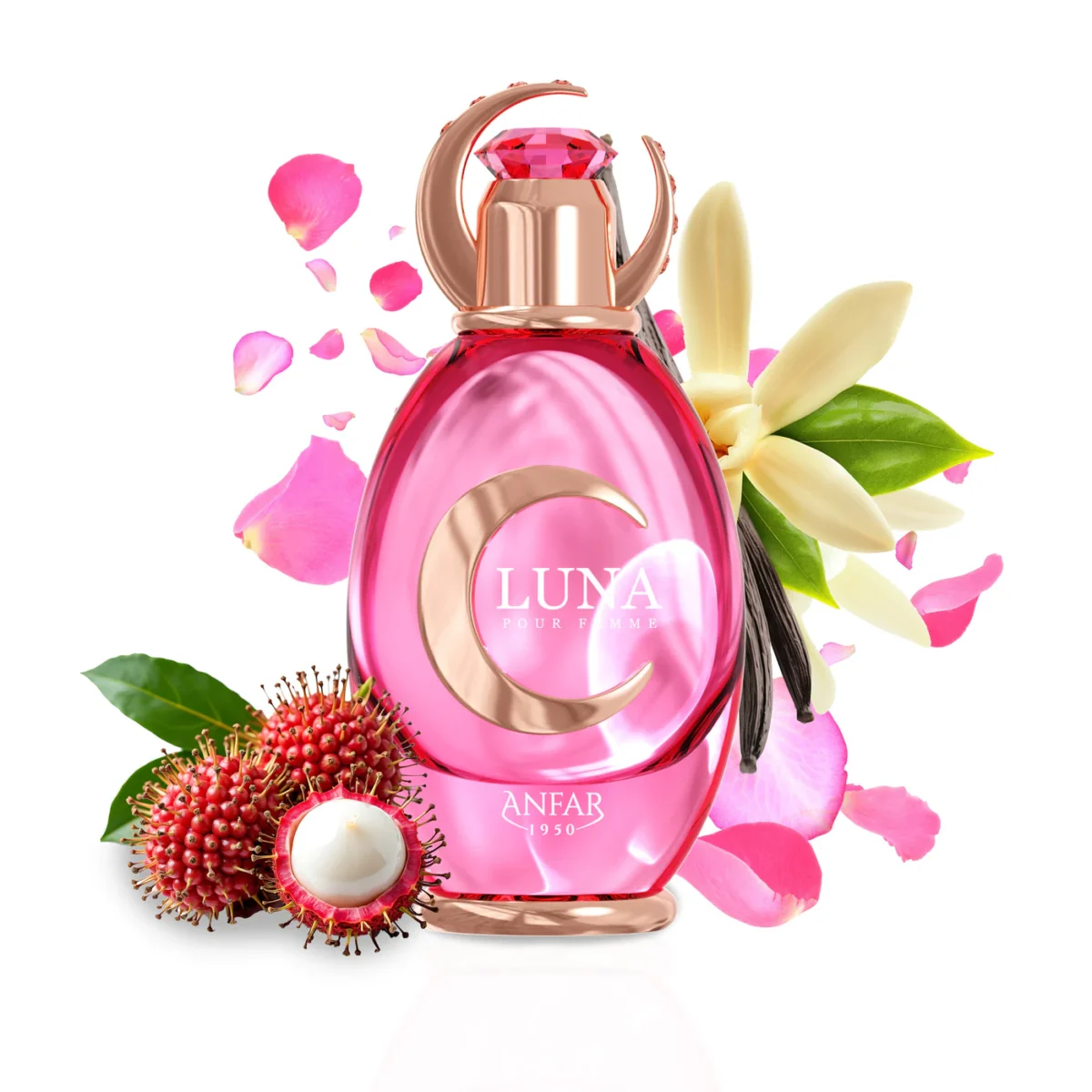 An elegant glass perfume bottle for Luna 100ml Extrait de Parfum by Anfar 1950, with a luminous liquid and a refined cap, shown in a clean product shot.