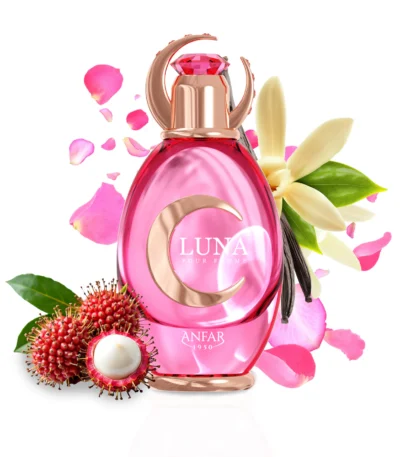An elegant glass perfume bottle for Luna 100ml Extrait de Parfum by Anfar 1950, with a luminous liquid and a refined cap, shown in a clean product shot.