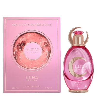 An elegant glass perfume bottle for Luna 100ml Extrait de Parfum by Anfar 1950, with a luminous liquid and a refined cap, shown in a clean product shot.