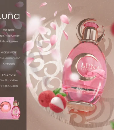 An elegant glass perfume bottle for Luna 100ml Extrait de Parfum by Anfar 1950, with a luminous liquid and a refined cap, shown in a clean product shot.
