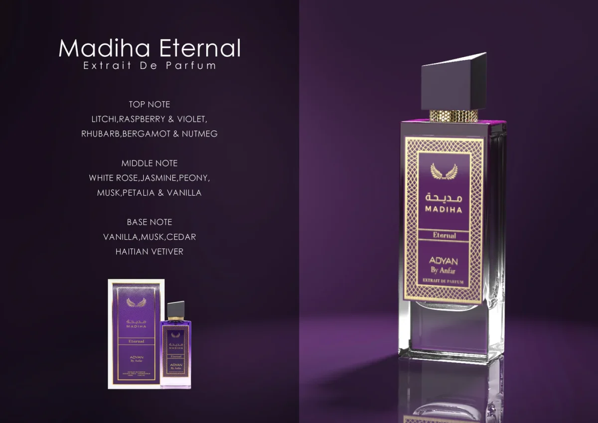 Madiha Eternal by Adyan: The affordable Extrait De Parfum similar to Delina by Parfums de Marly. Experience the best long-lasting perfume with vibrant Litchi, Peony, and a clean Haitian Vetiver base. Unisex scent. available at Oudh Shop