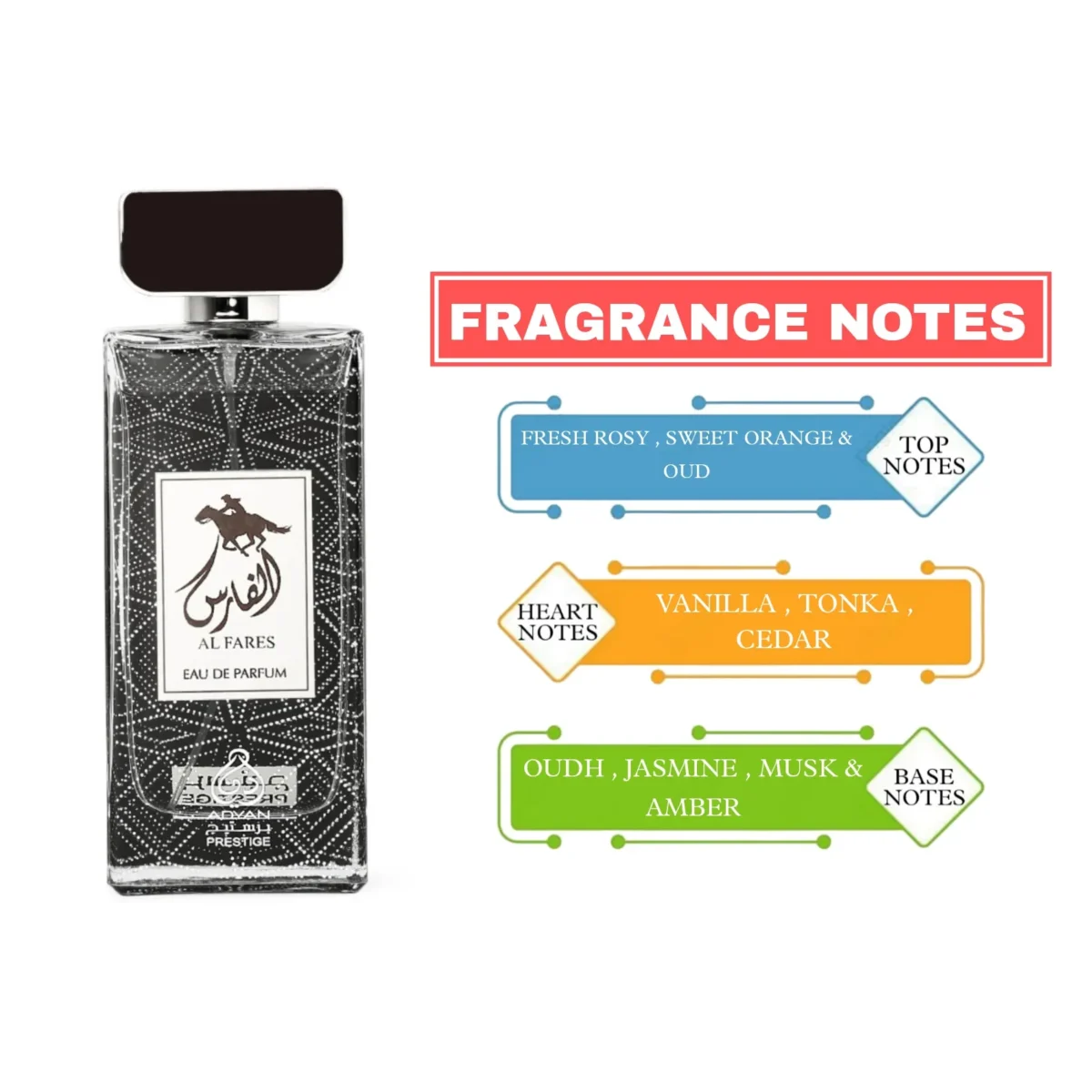 Al Fares Unisex Perfume by Adyan. This is a sophisticated and long-lasting Arabian oud perfume. It comes in a generous 100ml Eau de Parfum (EDP) bottle.