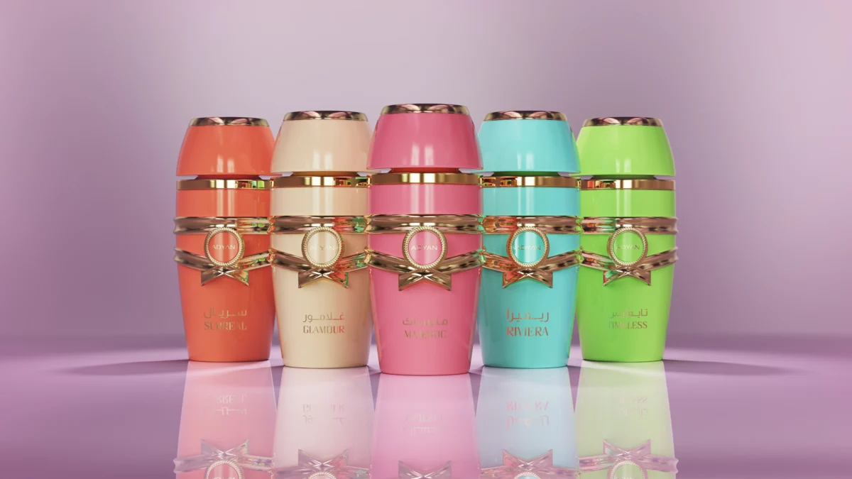 pastels of arabia Adyan series 100ml Extrait De Parfum perfume bottles, showcasing its elegant and modern design.