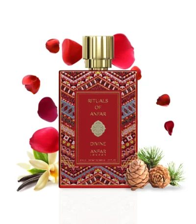A bottle of Anfar London's Rituals of Anfar Divine luxury arabian musk woodyperfume, with its elegant design, showcased on a clean background.