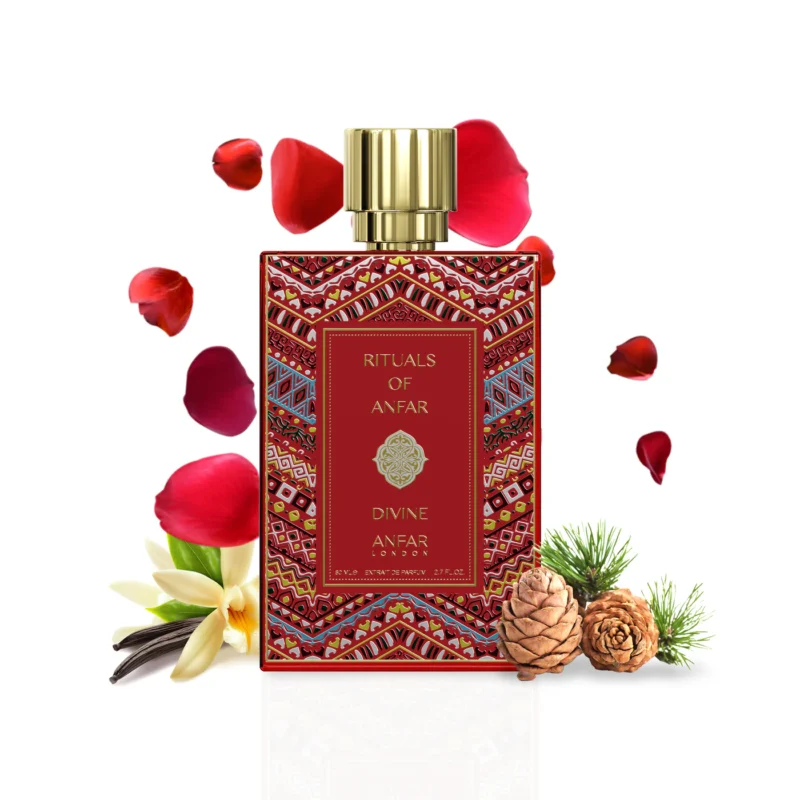 A bottle of Anfar London's Rituals of Anfar Divine luxury arabian musk woodyperfume, with its elegant design, showcased on a clean background.