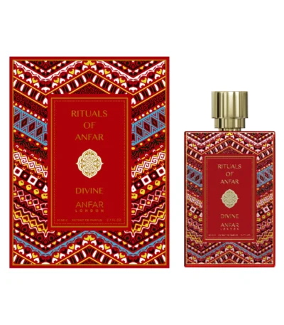 A bottle of Anfar London's Rituals of Anfar Divine luxury arabian musk woodyperfume, with its elegant design, showcased on a clean background.
