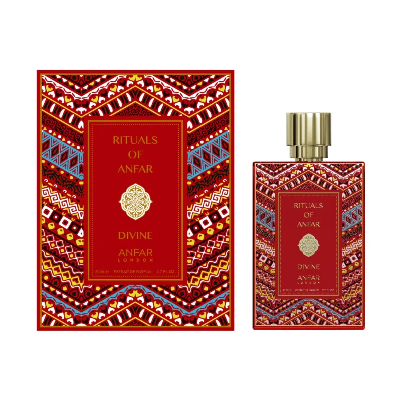 A bottle of Anfar London's Rituals of Anfar Divine luxury arabian musk woodyperfume, with its elegant design, showcased on a clean background.
