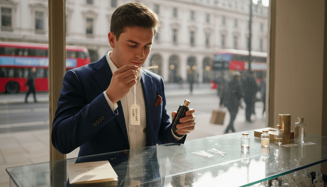 Man sampling oud perfume at boutique counter