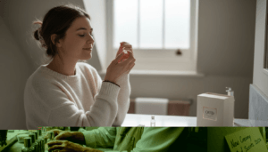 Shop owner organizing oud perfume bottles on shelf