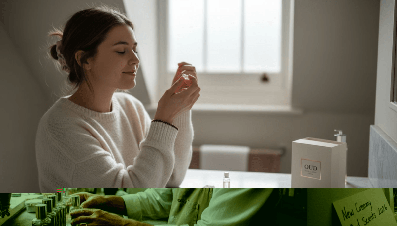 Shop owner organizing oud perfume bottles on shelf