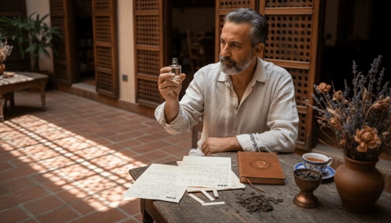 Perfumist in courtyard with oud and notes