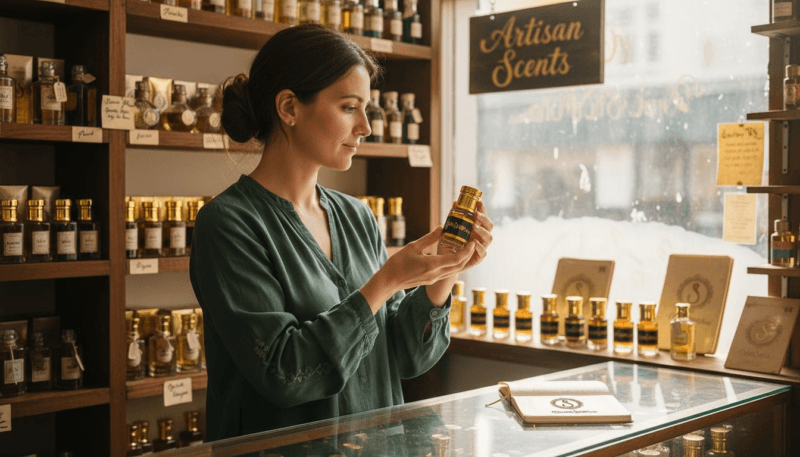 Woman choosing Arabian perfume oil in shop