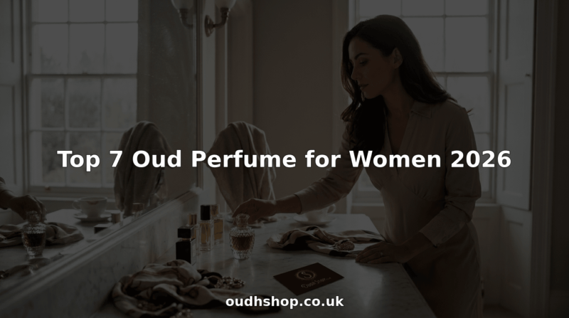 Woman selects luxury oud perfume on marble vanity