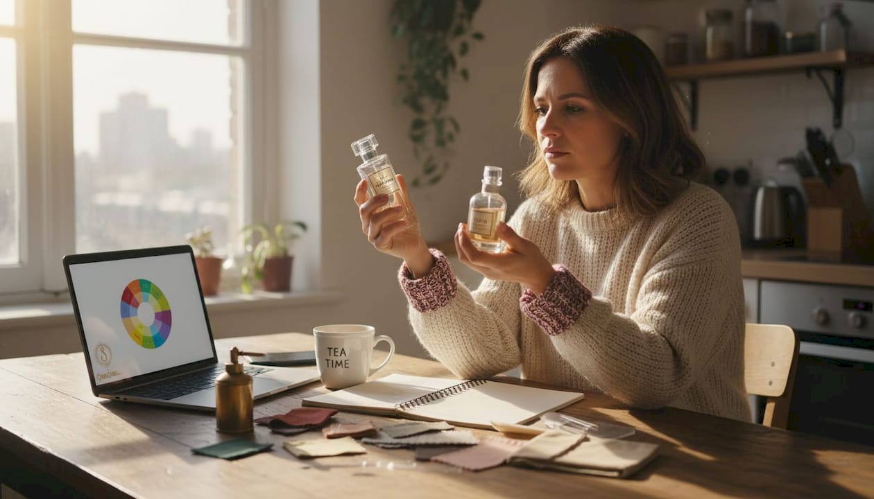 Woman comparing eau de parfum and oud bottles
