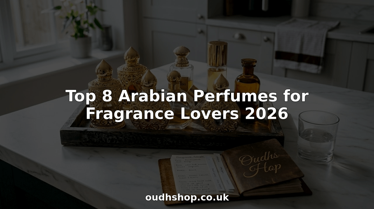 Eight Arabian perfume bottles on sunlit kitchen island