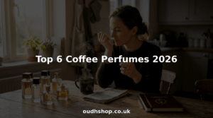 Morning routine with coffee and perfume bottles