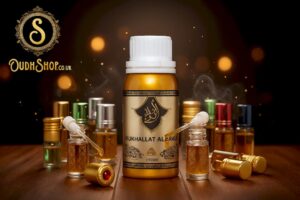 Attar bottles on tray in sunlit living room