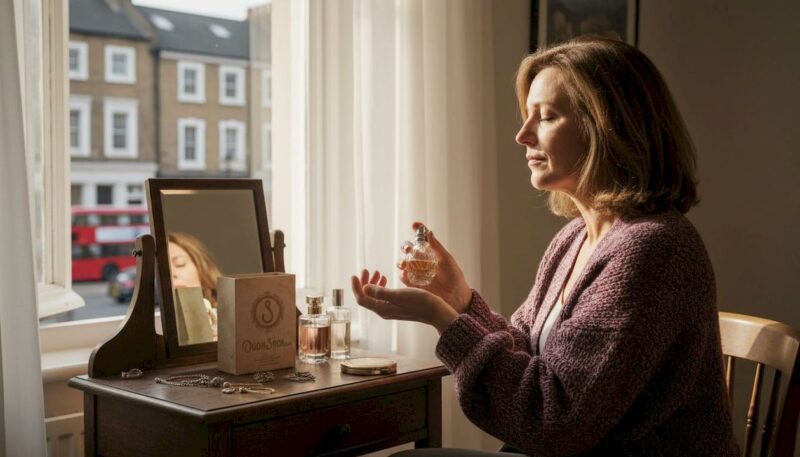 Woman sampling Arabian perfume at vanity
