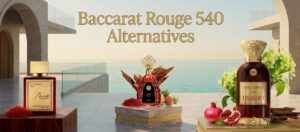 Woman testing perfume at bedroom vanity in morning light