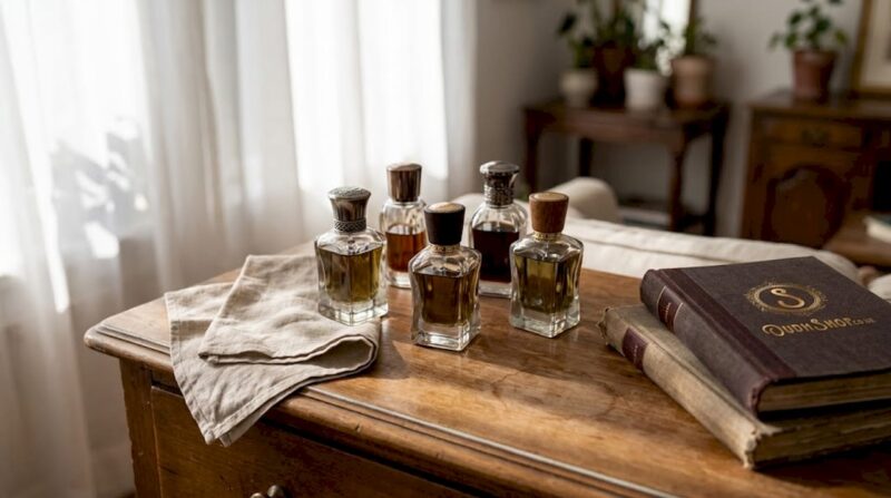 Collection of artisanal oud perfume bottles