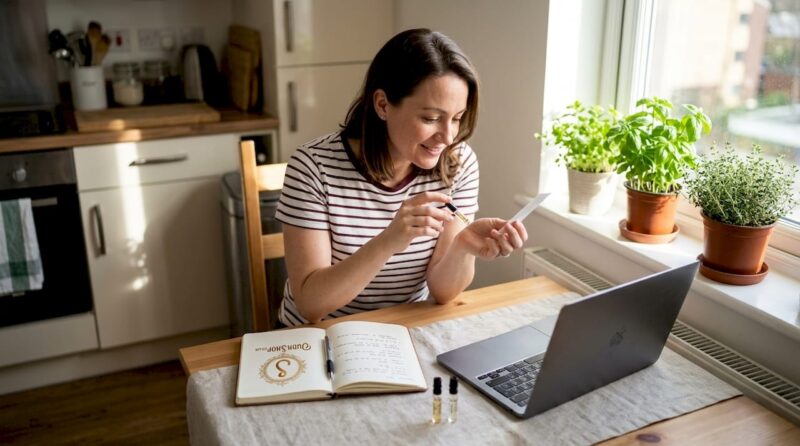 Sampling oud perfume at kitchen table