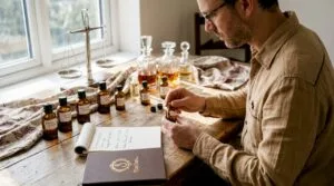 Perfumer labeling Arabic scent bottles in studio