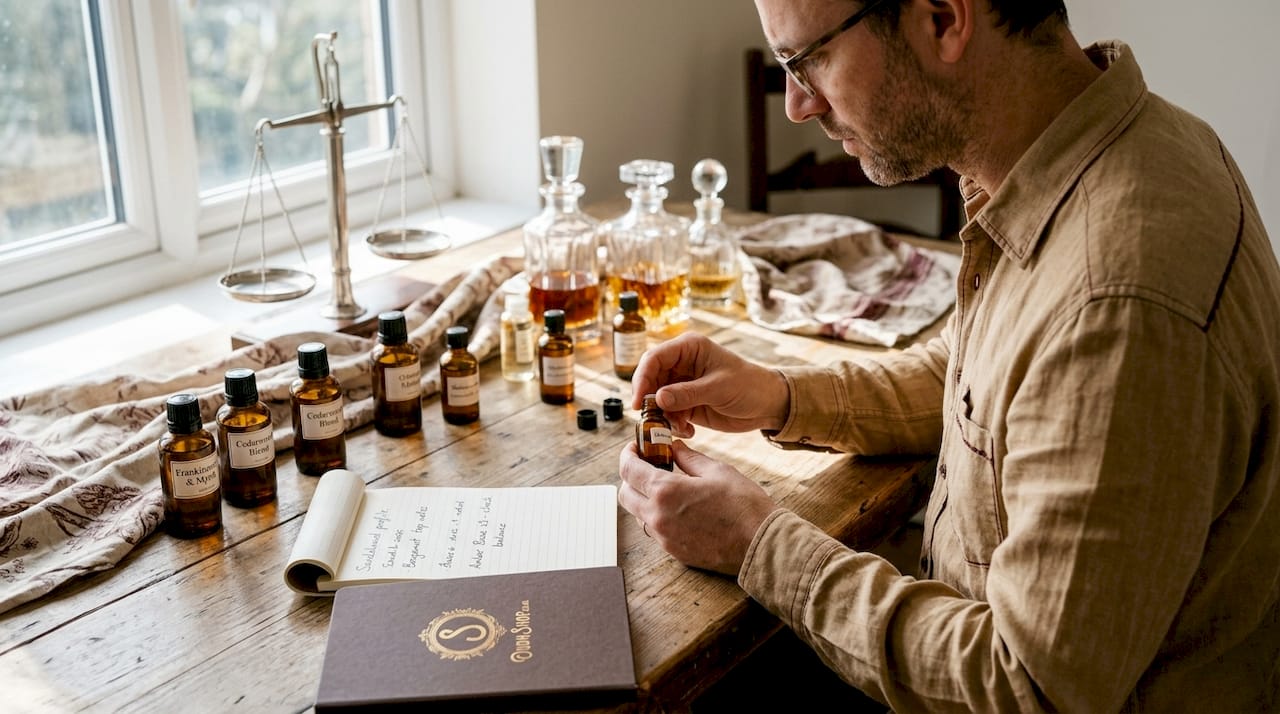 Perfumer labeling Arabic scent bottles in studio