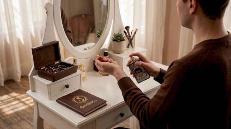Person applying oud at home vanity