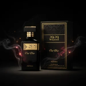 Close-up of Wujood Oud Noir by Adyan black oud fragrance bottle with gold label
