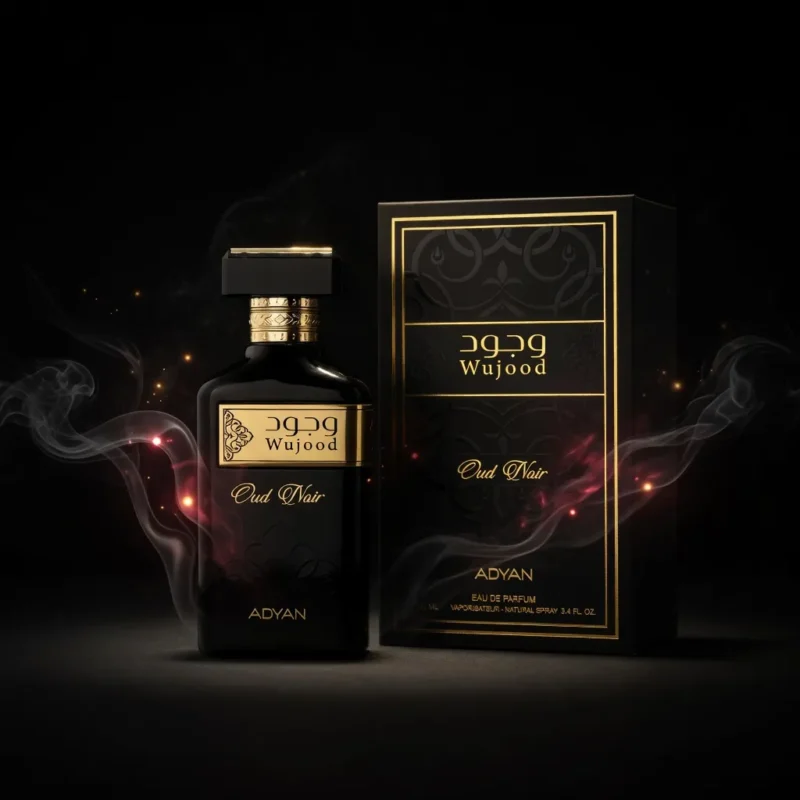 Close-up of Wujood Oud Noir by Adyan black oud fragrance bottle with gold label