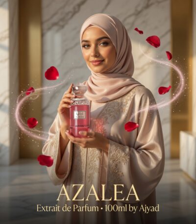 a women holding rose oud perfume for women azalea by ajyad
