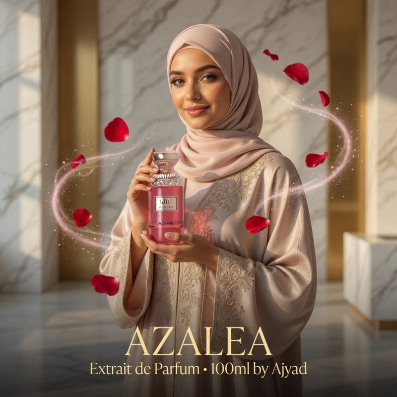 a women holding rose oud perfume for women azalea by ajyad