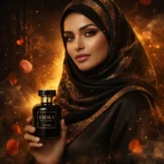 a woman holding oud fragrance for women Emira by Adyan perfume bottle