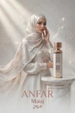 a lady is presenting the beautiful white musk fragrance perfume bottle mauj by anfar 200ml edp