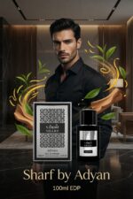 Handsome young man with short beard wearing Sharf by Adyan sandalwood perfume for men, luxury black and silver bottle with floating citrus and green tea notes