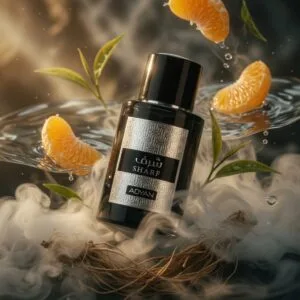 Sharf by Adyan sandalwood perfume for men showing bergamot, green tea and creamy sandalwood notes in elegant composition