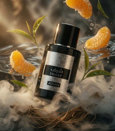 Sharf by Adyan sandalwood perfume for men showing bergamot, green tea and creamy sandalwood notes in elegant composition