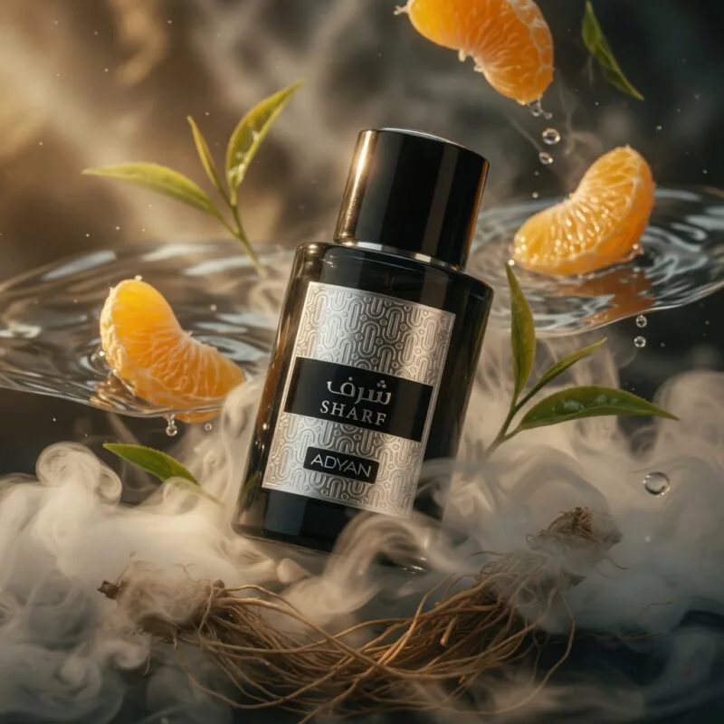 Sharf by Adyan sandalwood perfume for men showing bergamot, green tea and creamy sandalwood notes in elegant composition