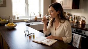 Woman testing perfume notes in sunlit kitchen