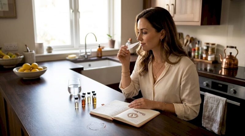 Woman testing perfume notes in sunlit kitchen