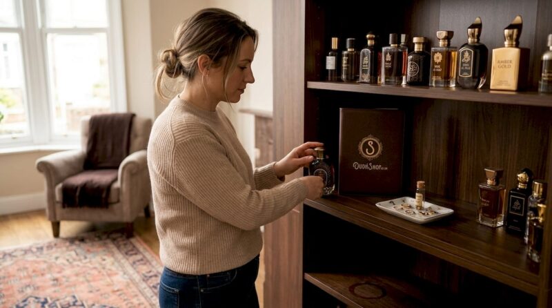 Woman choosing perfume from shelf collection
