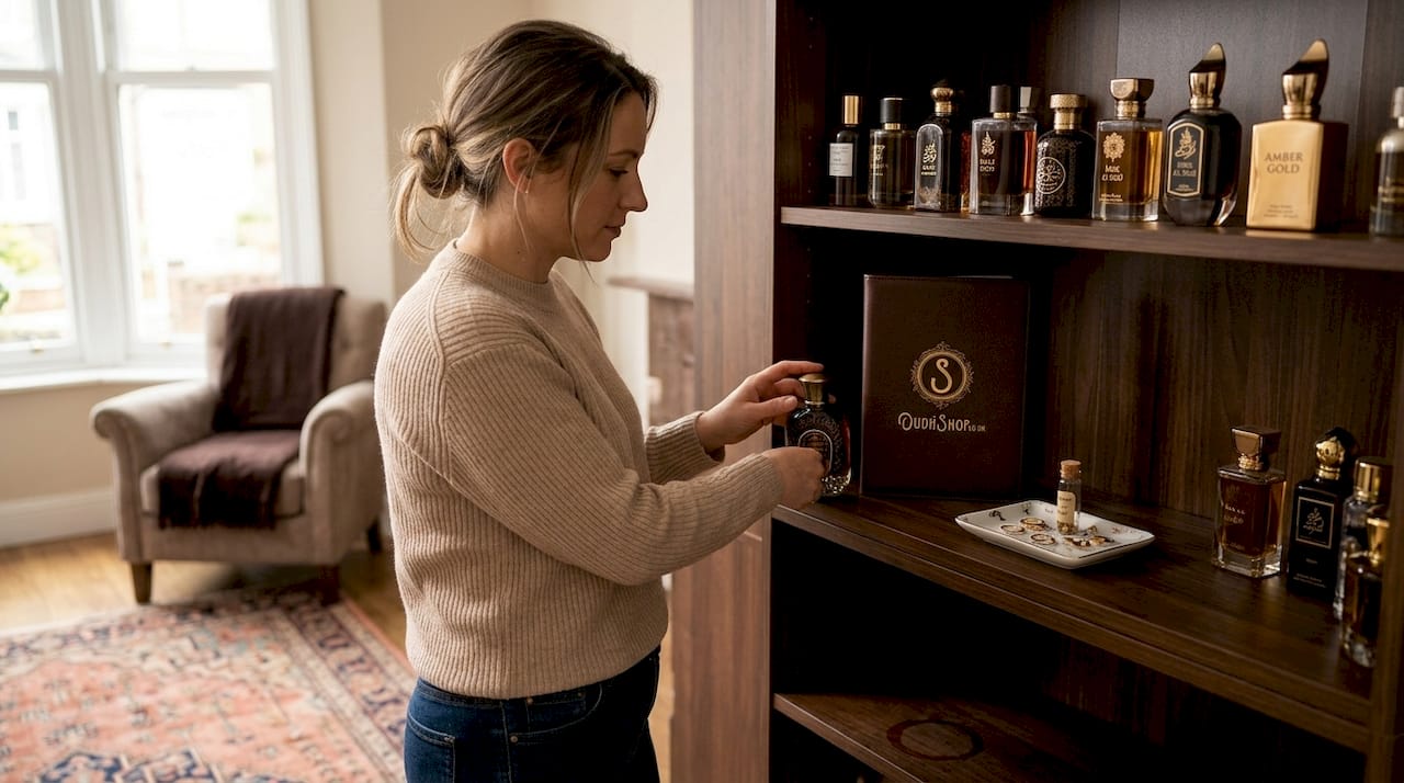 Woman choosing perfume from shelf collection