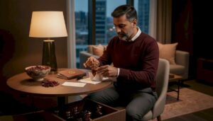 Man wrapping oud perfume gift in apartment