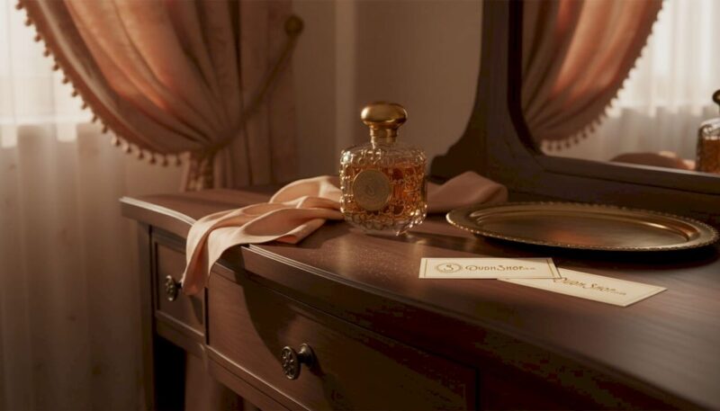 Perfume bottle on walnut vanity with sunlight